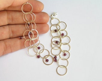 Long Dangle Earrings - Sterling Silver with Garnet - Bubble Earrings -  Circles Earrings - Wire Earrings