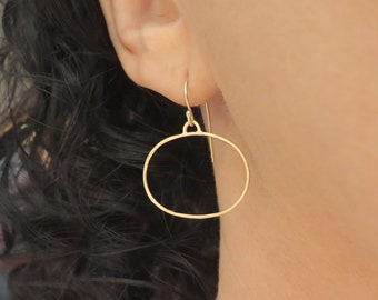 14k Gold Dangle Earrings, Solid Gold Oval Hoops