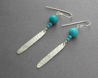 Silver Dangle Earrings, Turquoise Earrings, Feather Earrings, Leaf Earrings, Dangle Turquoise Earrings, Women Dangle Earrings, Long Earrings