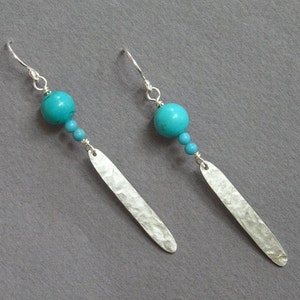 Silver Dangle Earrings, Turquoise Earrings, Boho Silver Earrings, Turquoise Dangle Earrings, Feather Earring, Long Earring, Drop Bar Earring image 4