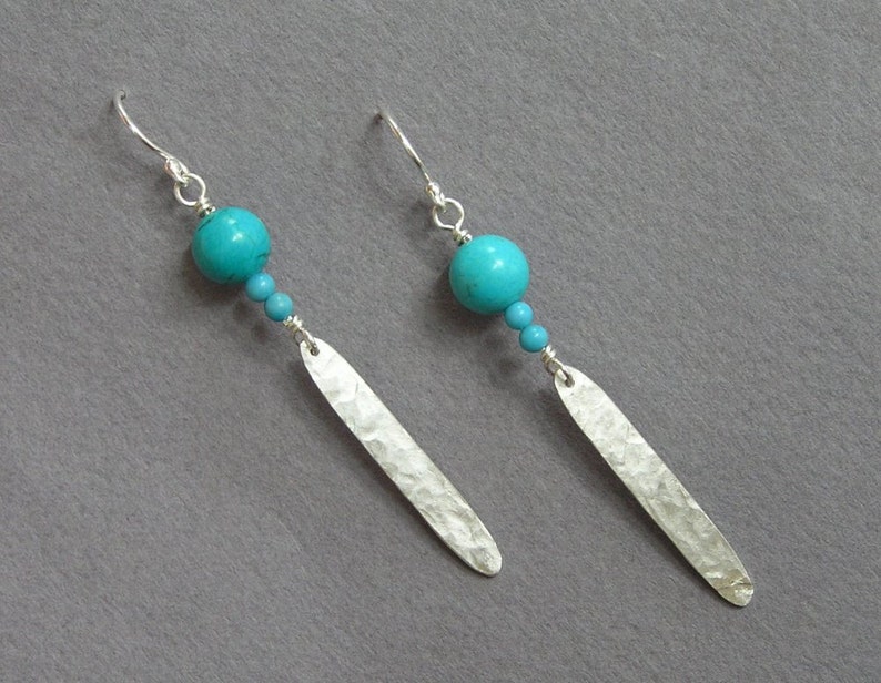 Silver Dangle Earrings, Turquoise Earrings, Boho Silver Earrings, Turquoise Dangle Earrings, Feather Earring, Long Earring, Drop Bar Earring image 4