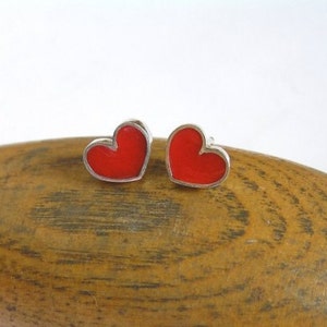 Red Heart Stud Earrings - Sterling Silver and Crystal Enamel - Love Earrings