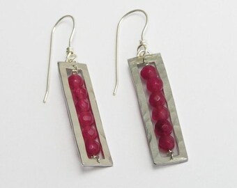 Dangle Earrings - Rectangle Pink Earrings - Sterling Silver and Colored Agate - Geometric Earrings