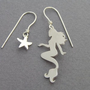 Mermaid and Starfish Earrings Mismatched Danglel Earrings Sterling Silver Hand Cut Ocean Jewelry image 2