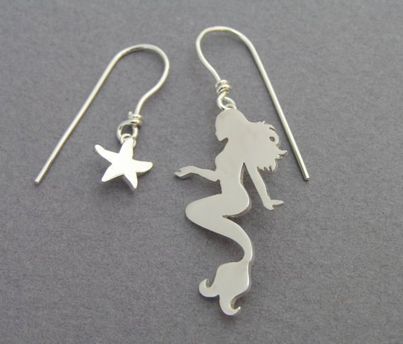 Mermaid and Starfish Earrings Mismatched Danglel Earrings Sterling Silver Hand Cut Ocean Jewelry image 2