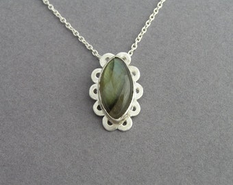 Labradorite Necklace Pendant - Green Gemstone Pendant - Sterling Silver Bezel Pendant