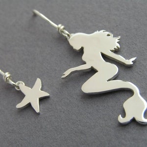 Mermaid and Starfish Earrings Mismatched Danglel Earrings Sterling Silver Hand Cut Ocean Jewelry image 4