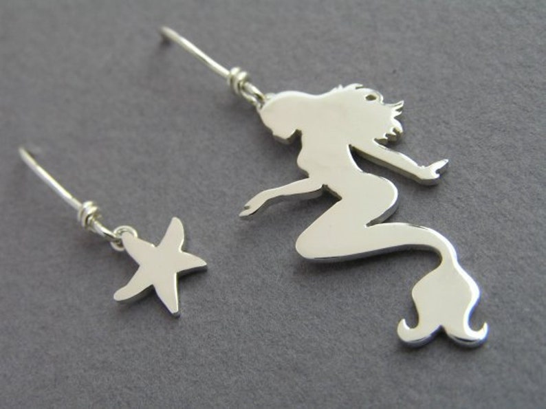 Mermaid and Starfish Earrings Mismatched Danglel Earrings Sterling Silver Hand Cut Ocean Jewelry image 4