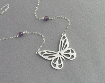 Butterfly Necklace - Sterling Silver with Amethyst Necklace Pendant