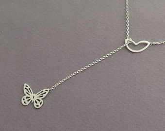 Butterfly Lariat Necklace - Sterling Silver Delicate Pendant Necklace - Wings Jewelry