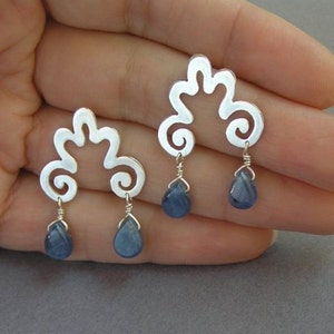 Sterling Silver Curvy Dangle Earrings with Blue Kyanite Drops - Cloud Earrings - Curly Spiral Earrings