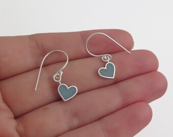 Heart Earrings, Dangle Heart Earrings, Sterling Silver Dangle Earrings, Turquoise Heart Earrings, Heart Drop Earrings, Minimalist Jewelry