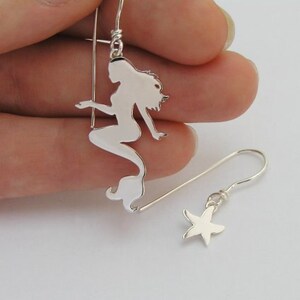 Mermaid and Starfish Earrings Mismatched Danglel Earrings Sterling Silver Hand Cut Ocean Jewelry image 3