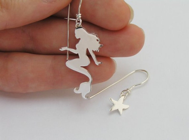 Mermaid and Starfish Earrings Mismatched Danglel Earrings Sterling Silver Hand Cut Ocean Jewelry image 3