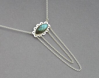 Puede incluir: Un collar de plata con una piedra de labradorita ovalada, que muestra tonos azules y verdes. La piedra está engastada en un marco festoneado, con tres hilos de cadena colgantes. El collar tiene una cadena fina.