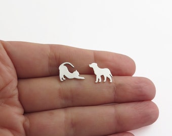 Cat Earrings, Dog Earrings, Silver Stud Earrings, Cats and Dogs, Animal Jewelry, Animal Lover Gift, Mismatched Earrings, Animal Earrings