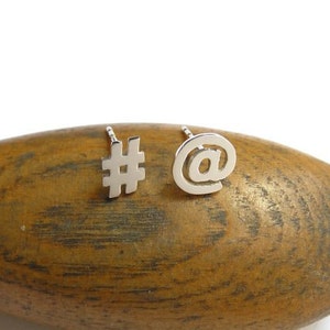 Twitter Stud Earrings - Sterling Silver Mismatched Studs - At Sign Hash Sign Post Earrings