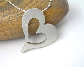 Silver Heart Necklace Pendant - Big Heart Pendant - Long Chain