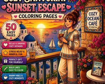 Cozy Santorini Coloring Pages | Escape Coloring & Greece Coloring Mediterranean Coloring Sunset Travel Coloring Book | Digital Coloring