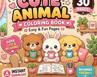 Cute Animal Coloring Book for Adults | Kawaii Pets Coloring Pages | Easy Bold Coloring Book | Printable PDF Download
