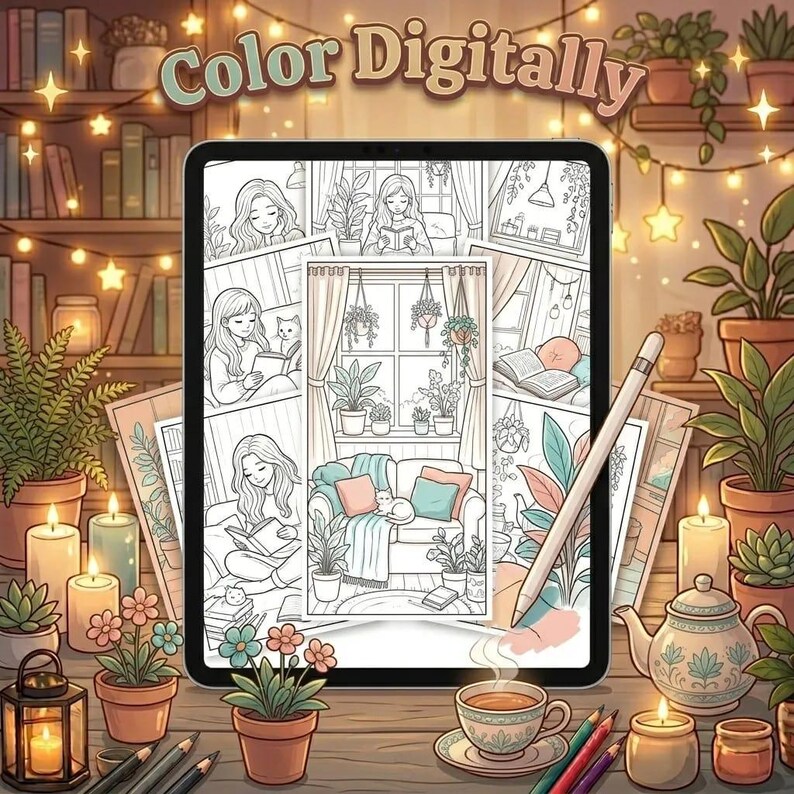 Cozy Girl Moments Coloring Book | Cute Relaxing Coloring Pages for Adult | Bold & Easy Printable PDF | iPad Procreate Digital image 5