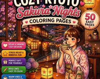 Cozy Kyoto Coloring Pages | Sakura Coloring & Streets Coloring Cherry Blossom Coloring Travel Coloring Book | Printable PDF Download