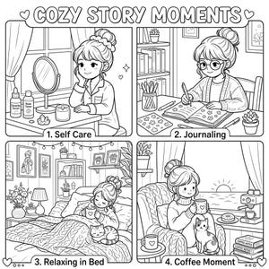 Pode incluir: Uma p&aacute;gina de colorir em preto e branco intitulada COZY STORY MOMENTS com quatro pain&eacute;is: 1. Self Care com produtos de cuidados com a pele e espelho, 2. Journaling com livro e canetas, 3. Relaxing in Bed com gato, 4. Coffee Moment com um gato.
