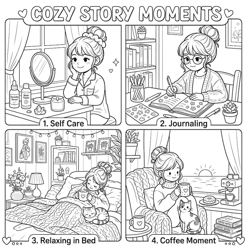 Pode incluir: Uma p&aacute;gina de colorir em preto e branco intitulada COZY STORY MOMENTS com quatro pain&eacute;is: 1. Self Care com produtos de cuidados com a pele e espelho, 2. Journaling com livro e canetas, 3. Relaxing in Bed com gato, 4. Coffee Moment com um gato.