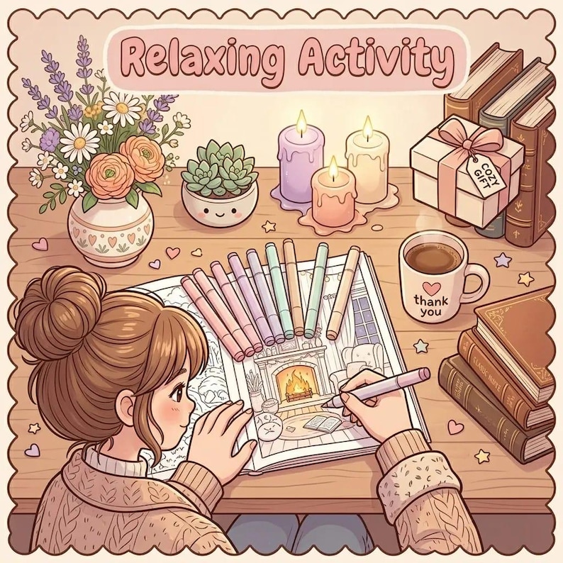 Livro de colorir aconchegante para adultos | Páginas para colorir de autocuidado | Livro de colorir fofo e kawaii | 50 páginas fáceis e coloridas para imprimir em PDF imagem 12