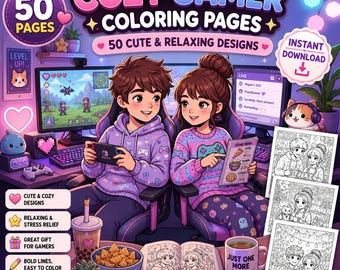Cozy Couple Gamer Coloring Pages | Gamer Room Coloring & Cozy Gaming Coloring Book | Digital Download