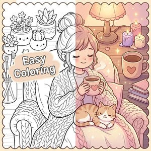 Pode incluir: Uma p&aacute;gina de colorir com vista dividida apresentando uma pessoa com um su&eacute;ter de tric&ocirc; tran&ccedil;ado segurando uma caneca com um cora&ccedil;&atilde;o, sentada com um gato. O lado esquerdo &eacute; um desenho de linha em preto e branco, o direito em tons pastel.
