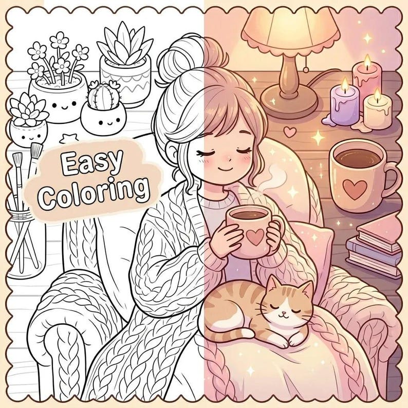 Pode incluir: Uma p&aacute;gina de colorir com vista dividida apresentando uma pessoa com um su&eacute;ter de tric&ocirc; tran&ccedil;ado segurando uma caneca com um cora&ccedil;&atilde;o, sentada com um gato. O lado esquerdo &eacute; um desenho de linha em preto e branco, o direito em tons pastel.