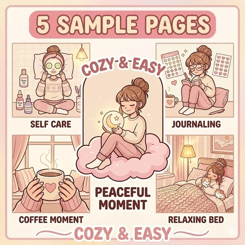 Pode incluir: Uma ilustra&ccedil;&atilde;o digital intitulada 5 SAMPLE PAGES COZY & EASY com cinco pain&eacute;is. Os pain&eacute;is mostram cuidados pessoais com m&aacute;scaras, di&aacute;rio com adesivos, uma pessoa segurando uma lua brilhante, um momento de caf&eacute; e relaxamento na cama.