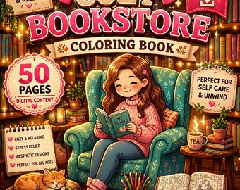 Cozy Bookstore Coloring Book for Adults | Library Coloring & Reading Nook Coloring Pages | Bookshop Coloring Instant Download