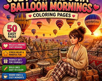 Cozy Cappadocia Coloring Pages | Turkey Coloring & Hot Air Balloon Coloring Scenic Coloring Travel Coloring Book | Digital Download