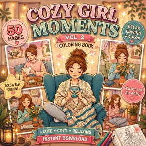 May include: A digital coloring book cover titled "Cozy Girl Moments Vol. 2" with illustrations of a woman relaxing. The cover features the text "50 Pages", "Relax, Unwind & Color", and "Perfect for All Ages!" with the words "Cute, Cozy, Relaxing, Instant Download".