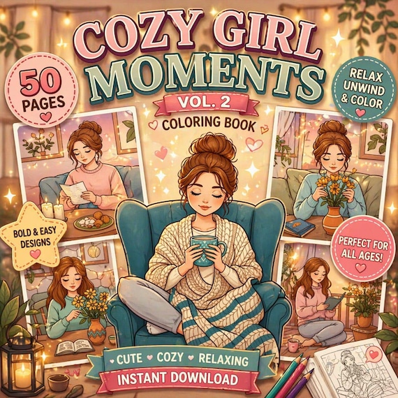 Cozy Girl Moments Coloring Book | Cute Relaxing Coloring Pages for Adult | Bold & Easy Printable PDF | iPad Procreate Digital