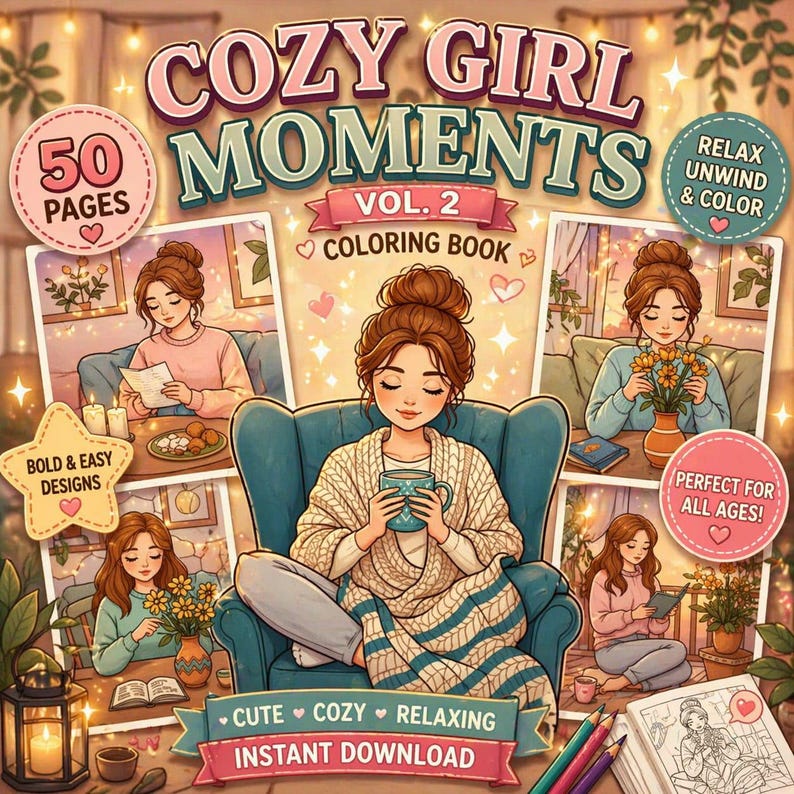 May include: A digital coloring book cover titled "Cozy Girl Moments Vol. 2" with illustrations of a woman relaxing. The cover features the text "50 Pages", "Relax, Unwind & Color", and "Perfect for All Ages!" with the words "Cute, Cozy, Relaxing, Instant Download".