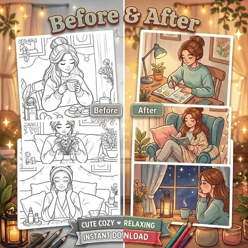 Cozy Girl Moments Coloring Book | Cute Relaxing Coloring Pages for Adult | Bold & Easy Printable PDF | iPad Procreate Digital image 3