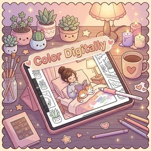 Pode incluir: Um tablet digital exibindo o desenho de uma pessoa lendo na cama com um gato, cercado por um pote de pinc&eacute;is, ilustra&ccedil;&otilde;es de suculentas, uma caneca com um cora&ccedil;&atilde;o, velas, uma lumin&aacute;ria, um livro e l&aacute;pis de cor sobre uma superf&iacute;cie de madeira.