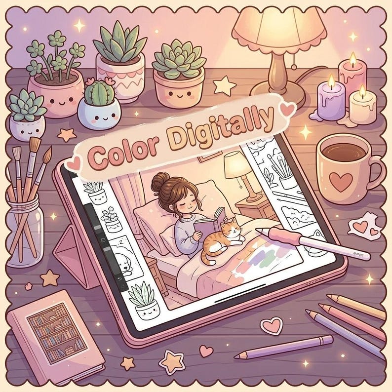 Pode incluir: Um tablet digital exibindo o desenho de uma pessoa lendo na cama com um gato, cercado por um pote de pinc&eacute;is, ilustra&ccedil;&otilde;es de suculentas, uma caneca com um cora&ccedil;&atilde;o, velas, uma lumin&aacute;ria, um livro e l&aacute;pis de cor sobre uma superf&iacute;cie de madeira.