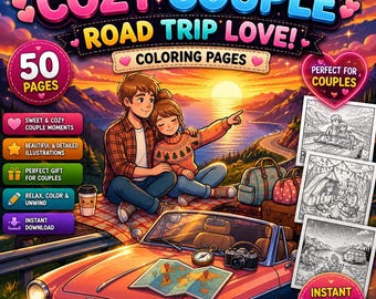 Cozy Couple Road Trip Coloring Pages | Travel Coloring & Adventure Coloring Book | Printable PDF Download