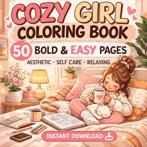 Livro de colorir aconchegante para adultos | Páginas para colorir de autocuidado | Livro de colorir fofo e kawaii | 50 páginas fáceis e coloridas para imprimir em PDF imagem 1