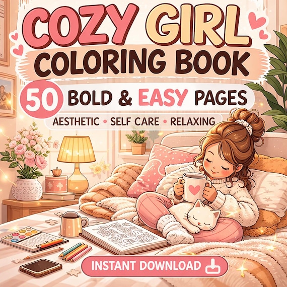 Cozy Coloring Book for Adults | Self Care Coloring Pages | Cute Kawaii Coloring Book | 50 Easy Bold Pages Printable PDF Download