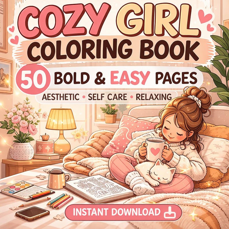 Livro de colorir aconchegante para adultos | Páginas para colorir de autocuidado | Livro de colorir fofo e kawaii | 50 páginas fáceis e coloridas para imprimir em PDF imagem 1