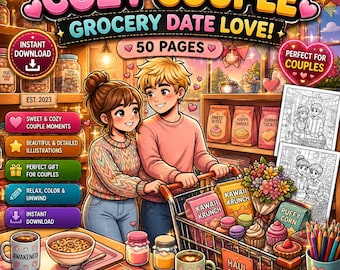 Cozy Couple Shopping Coloring Pages | Grocery Coloring & Daily Life Coloring Cozy Home Coloring Book | Printable PDF Download