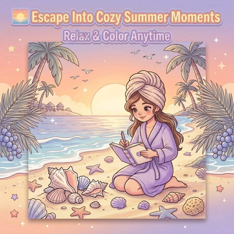 May include: A digital illustration featuring the text Escape Into Cozy Summer Moments and Relax & Color Anytime. A figure in a lavender robe and hair towel sits on a sandy beach writing in a book, surrounded by seashells, palm trees, and a sunset.