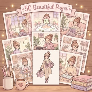 Pode incluir: Uma cole&ccedil;&atilde;o de p&aacute;ginas para colorir intitulada 50 Beautiful Pages com ilustra&ccedil;&otilde;es de uma pessoa em v&aacute;rias atividades di&aacute;rias como ler, tomar banho, cozinhar e fazer compras, em tons de rosa e marrom com uma caneca e l&aacute;pis.