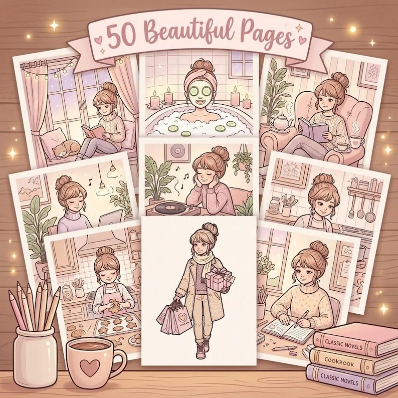 Pode incluir: Uma cole&ccedil;&atilde;o de p&aacute;ginas para colorir intitulada 50 Beautiful Pages com ilustra&ccedil;&otilde;es de uma pessoa em v&aacute;rias atividades di&aacute;rias como ler, tomar banho, cozinhar e fazer compras, em tons de rosa e marrom com uma caneca e l&aacute;pis.