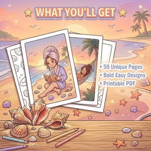 May include: A digital coloring book set featuring 50 unique pages with bold easy designs in a printable PDF format. The image displays stacked polaroid-style frames showing illustrations of a person reading on a beach and relaxing in a hammock.
